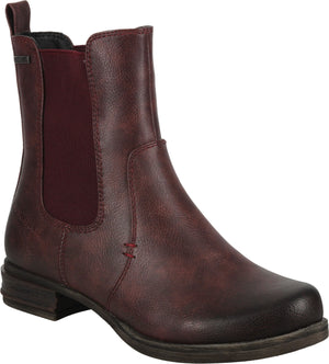 Ankle-high, maroon-colored leather Chelsea boot with elastic side panels and a low heel.