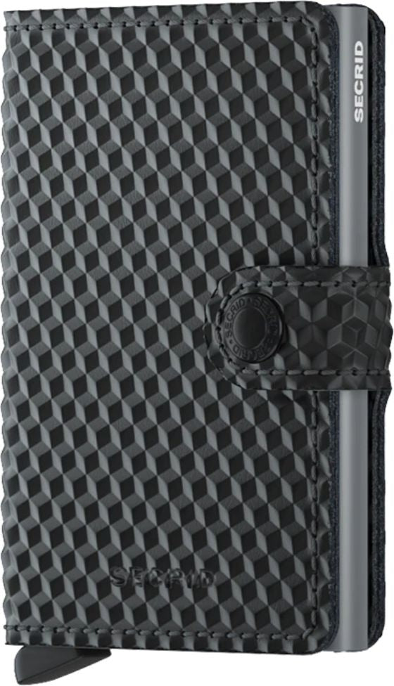 Black cardholder featuring a raised cube pattern and metallic slider.