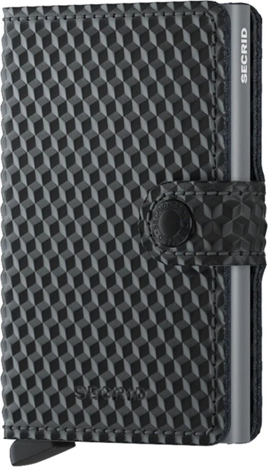 Black cardholder featuring a raised cube pattern and metallic slider.