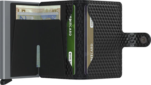 An open black wallet with cards and cash visible.