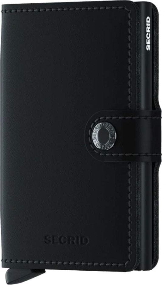 Black wallet with button closure and the text 'SECGRID' on its spine and front.