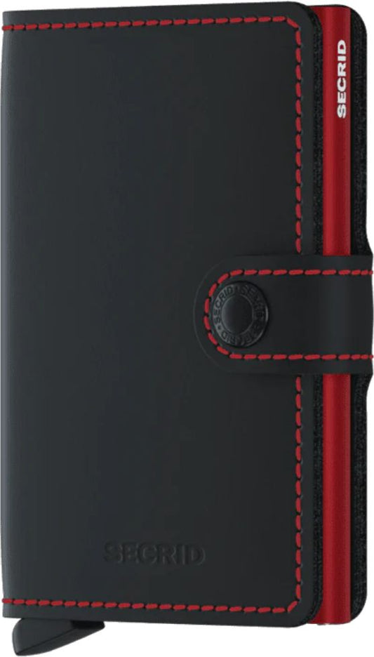 Black wallet with red stitching and details.