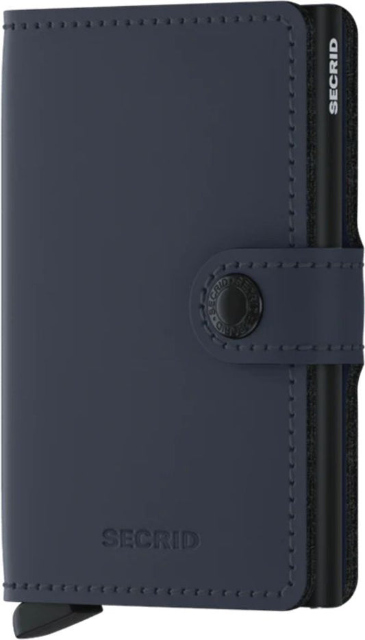 Navy blue leather wallet with black hardware and visible "Secrid" text.