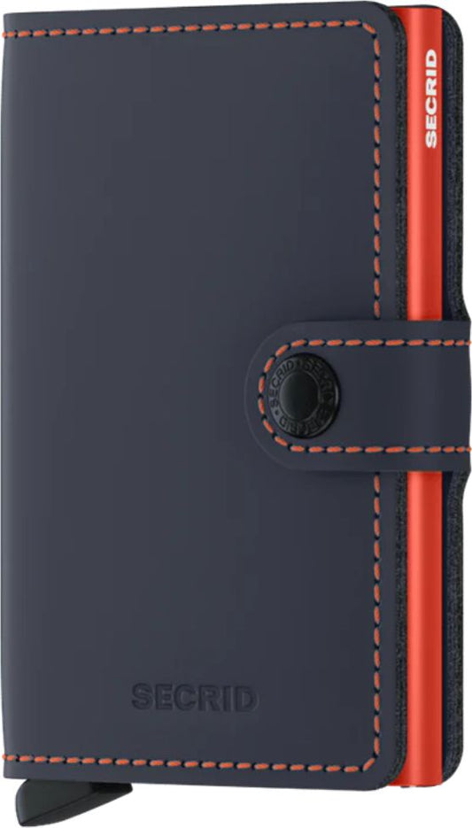 Closed navy leather wallet with orange stitching and slide lever, shows "SECRID" text.