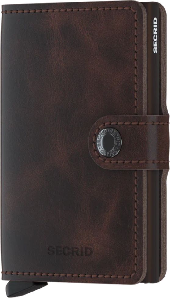 Dark brown leather wallet with button closure, stitched edges, and a card slider.