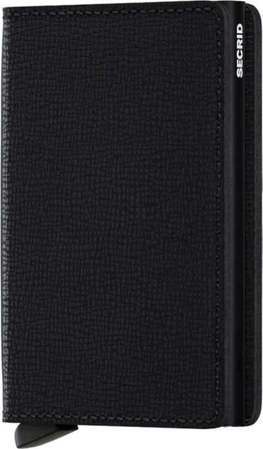 Black textured wallet with exposed card slider and visible text "SEC RID" on the right side.