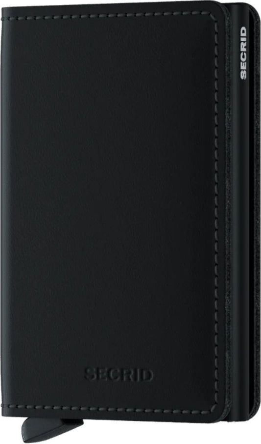 Black leather wallet with a metal card holder, engraved with "SECID".