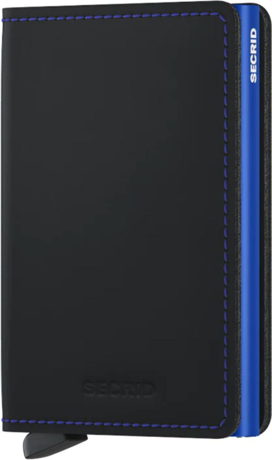A black leather wallet with blue stitching and a blue metallic card holder. 'SECIRD' is printed on the card holder and the wallet.