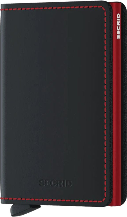 Black card holder with red seam and the text "SECRID" on it.