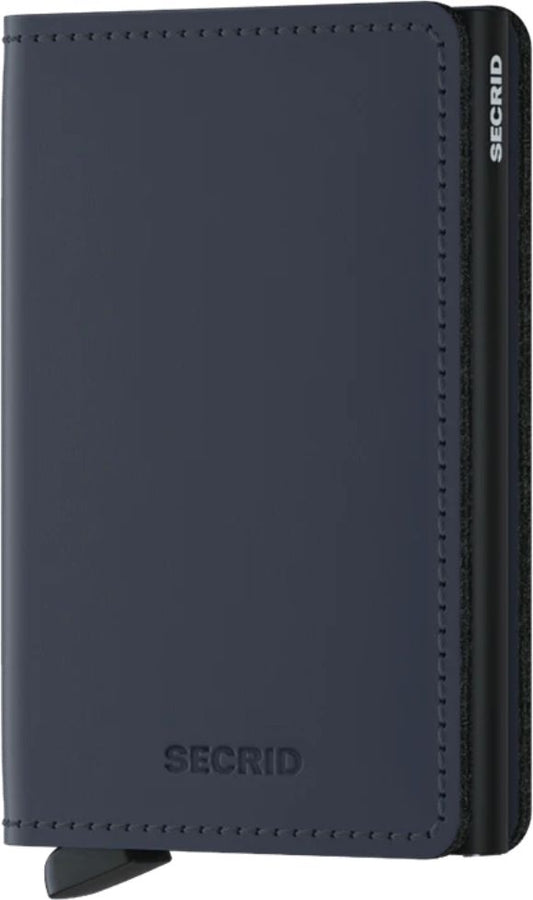 Dark blue wallet with an ejector mechanism.