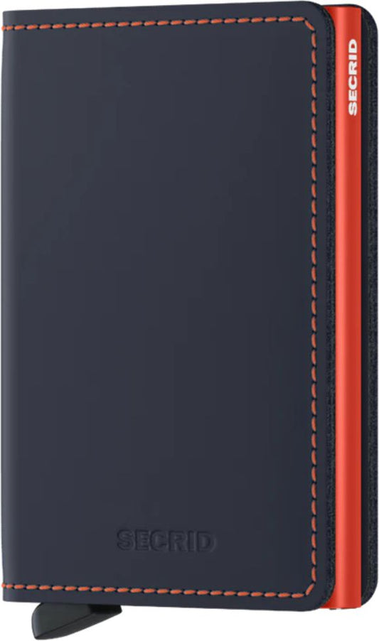 Navy wallet with orange accents and "SECIRD" printed on the lower section.