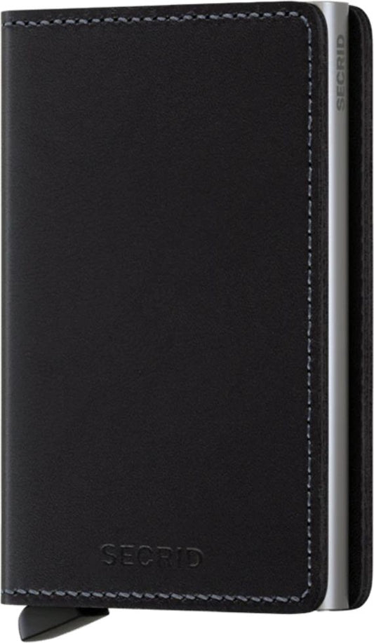 Black wallet with a silver card holder and the brand "SECID" on the bottom front cover.
