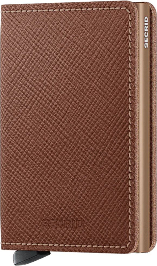 Brown textured wallet with metal card holder protruding from the bottom.