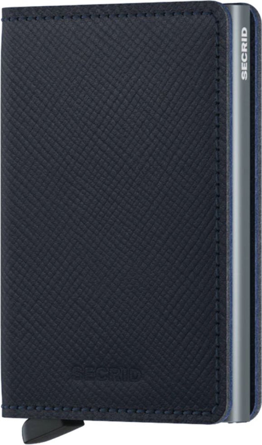 Textured dark blue wallet with metallic side.