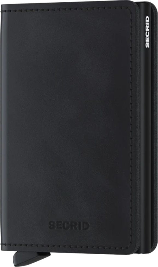 Black wallet with rounded corners and card ejector lever at the bottom, with text "SECIRD" visible on the front and side.