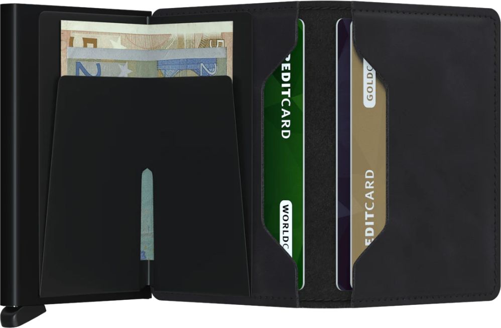 Open black wallet with cash and cards inside.