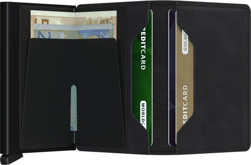Open black wallet with cash and cards inside.