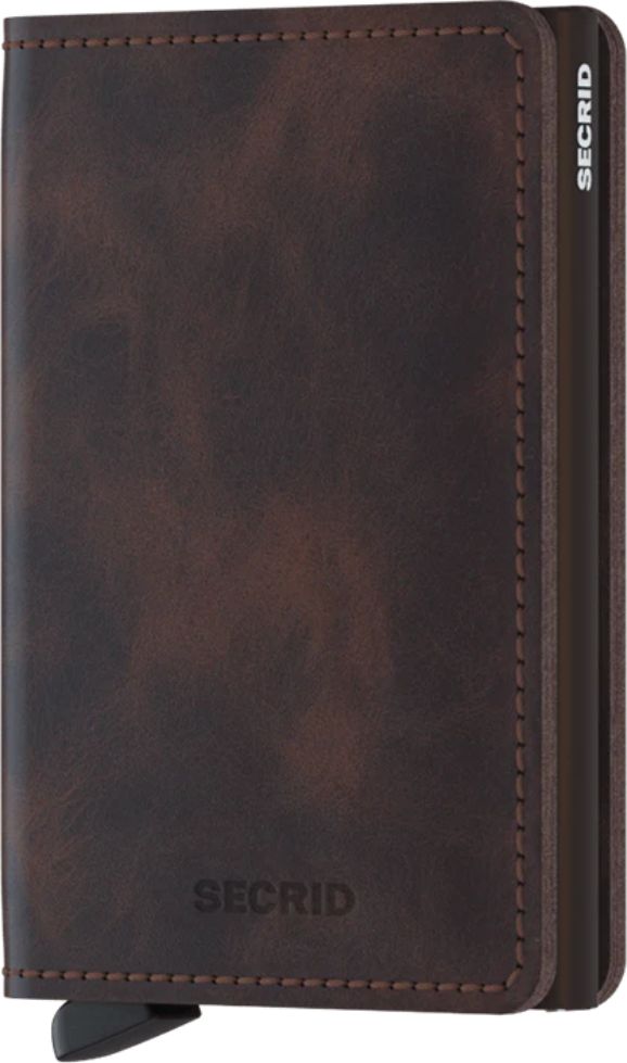 Brown leather wallet with "SECRID" printed on it