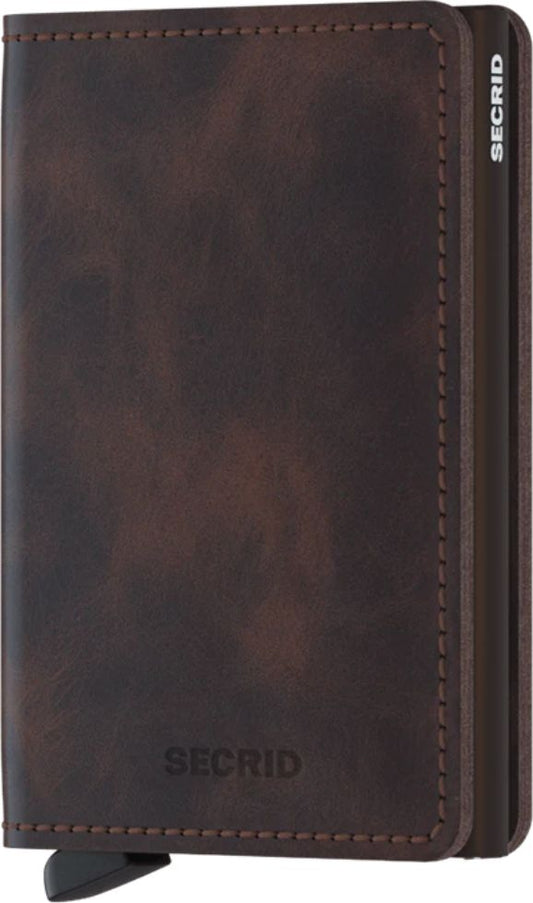 Brown leather wallet with "SECRID" printed on it