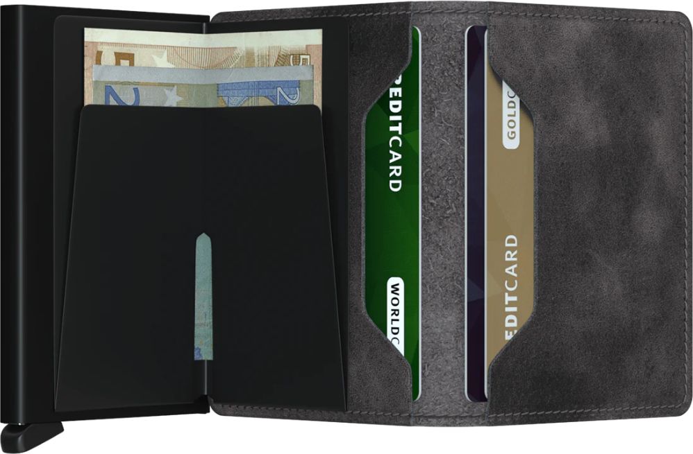 Open, minimalist wallet with black metal cardholder, grey leather exterior, slots holding credit cards and banknotes.