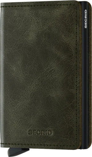 Closed olive green leather card holder with visible logo and ejector.