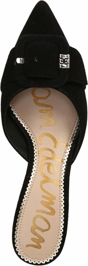 A black shoe with a pointed toe and a buckle on the vamp, revealing the insole with gold script.