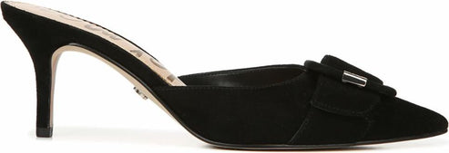 A black suede high-heeled mule with a decorative bow.