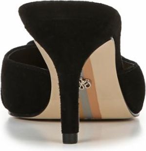 A black, suede pointed-toe heeled mule with a stiletto heel and low platform.