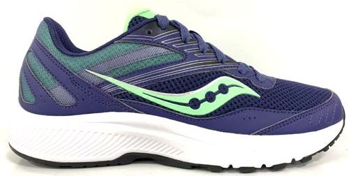 Side view of a low-top athletic shoe with a purple, mesh upper, a white midsole, and a black outsole, featuring a curved, light-green logo.