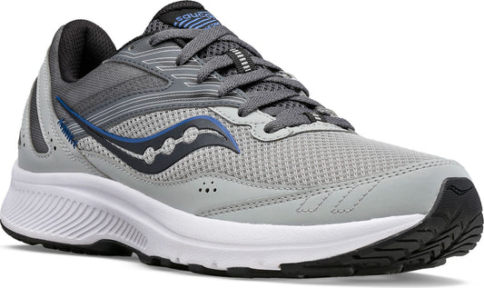 Grey running shoe with a white midsole and black outsole, featuring a black logo with a blue outline.