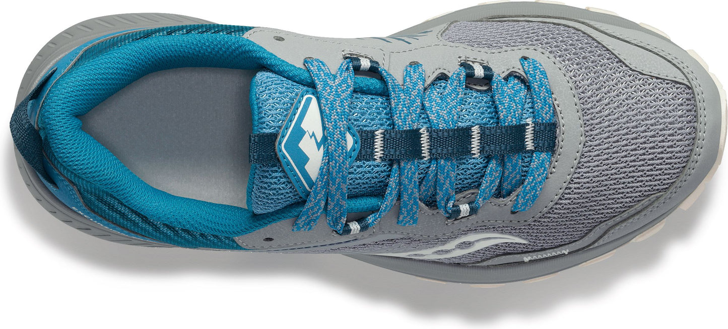 A gray running shoe with turquoise accents, laces, and interior lining, showcasing a top-down view.