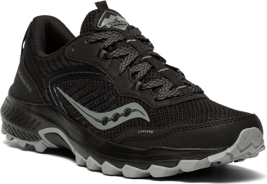 Black trail running shoe with gray laces and Saucony logo.