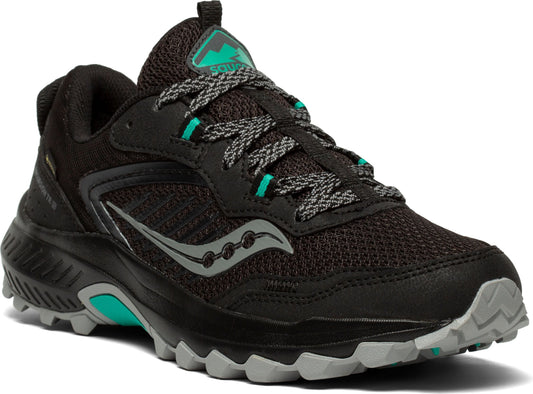 Black running shoe with gray accents, a gray sole, and gray and black laces.