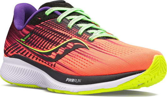 Running shoe with orange and black upper, lime green laces, black and yellow side logo, white midsole, and lime green outsole.