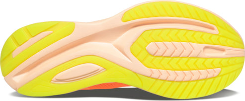 The underside of a yellow and pink shoe.