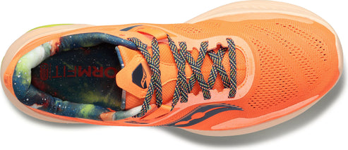 An orange running shoe with space-themed sock liner and patterned laces.