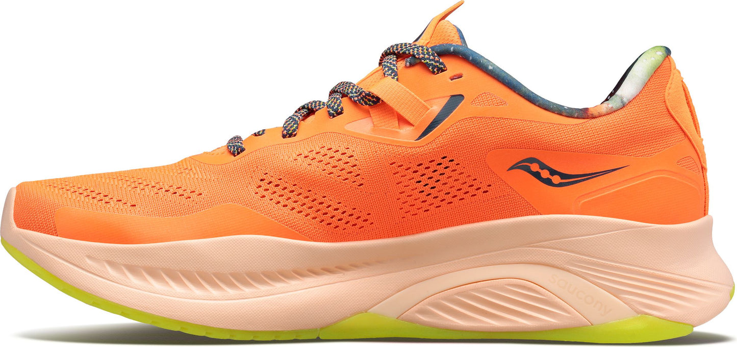 An orange running shoe with patterned laces and a light-colored sole with a yellow bottom.