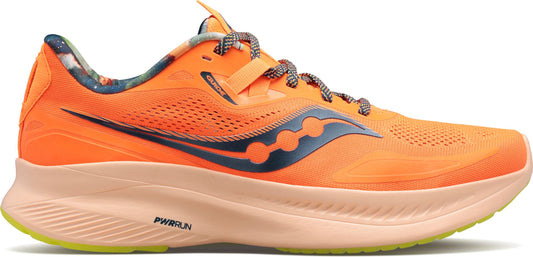 An orange running shoe with black logo and speckled laces.