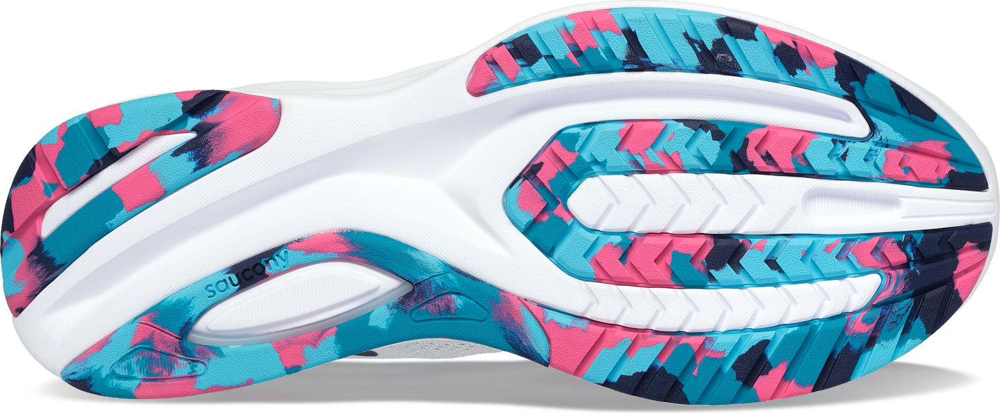 The outsole of a shoe is white with turquoise, pink, and navy abstract pattern.