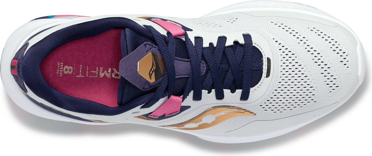 A running shoe with white and navy color scheme, featuring pink accents.