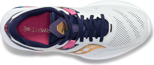 A running shoe with white and navy color scheme, featuring pink accents.