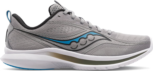 A gray running shoe with a blue logo.