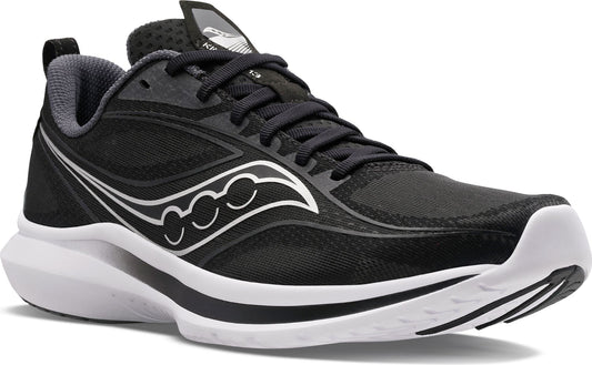 Black and white running shoe with laces and a stylized white logo.