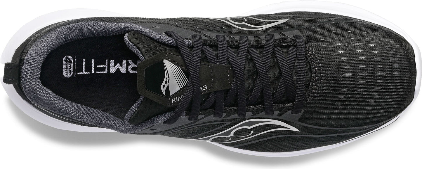 Overhead view of a black running shoe with white sole.
