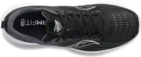 Overhead view of a black running shoe with white sole.