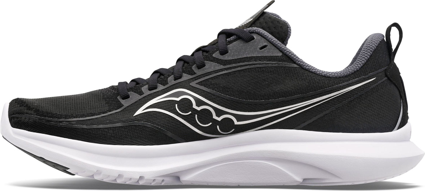 Black running shoe with white sole and white curved logo.