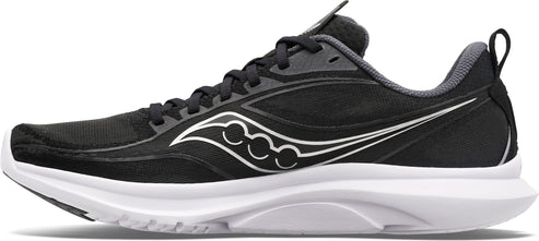 Black running shoe with white sole and white curved logo.