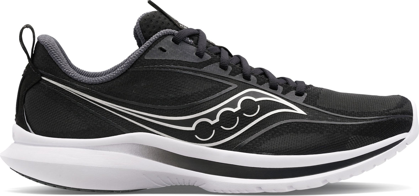 A black running shoe with a white sole.