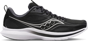 A black running shoe with a white sole.