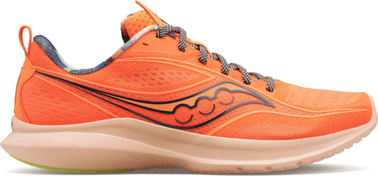 An orange running shoe with black accents and gray laces.